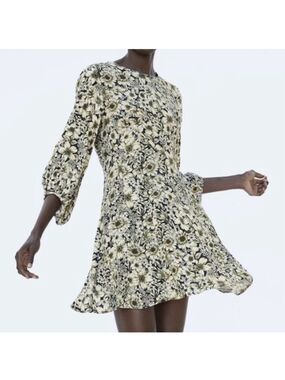 Zara basic floral long sleeve aline swing dress size xs